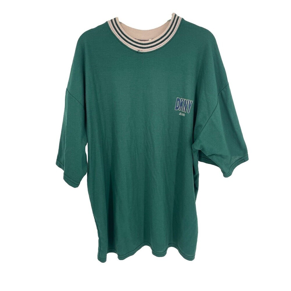 Vintage 90s DKNY Jeans Green Cream Chest Logo Graphic Print Ringer T-Shirt USA